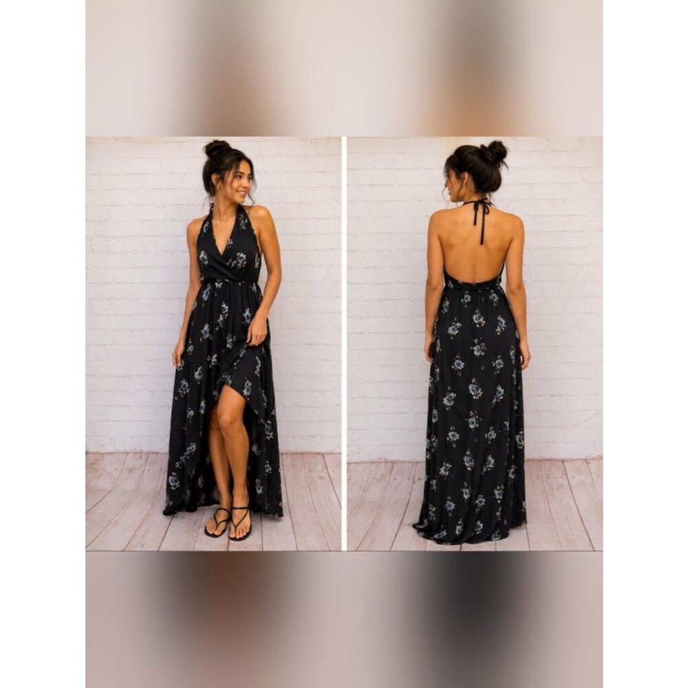 black blue floral halter high low maxi dress faux wrap boho flowy womems l